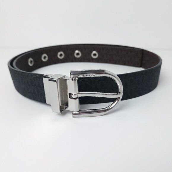 Reversible MICHAEL Michael Kors Black & Brown Belt - Silver Buckle & MK Monogram - Picture 1 of 7